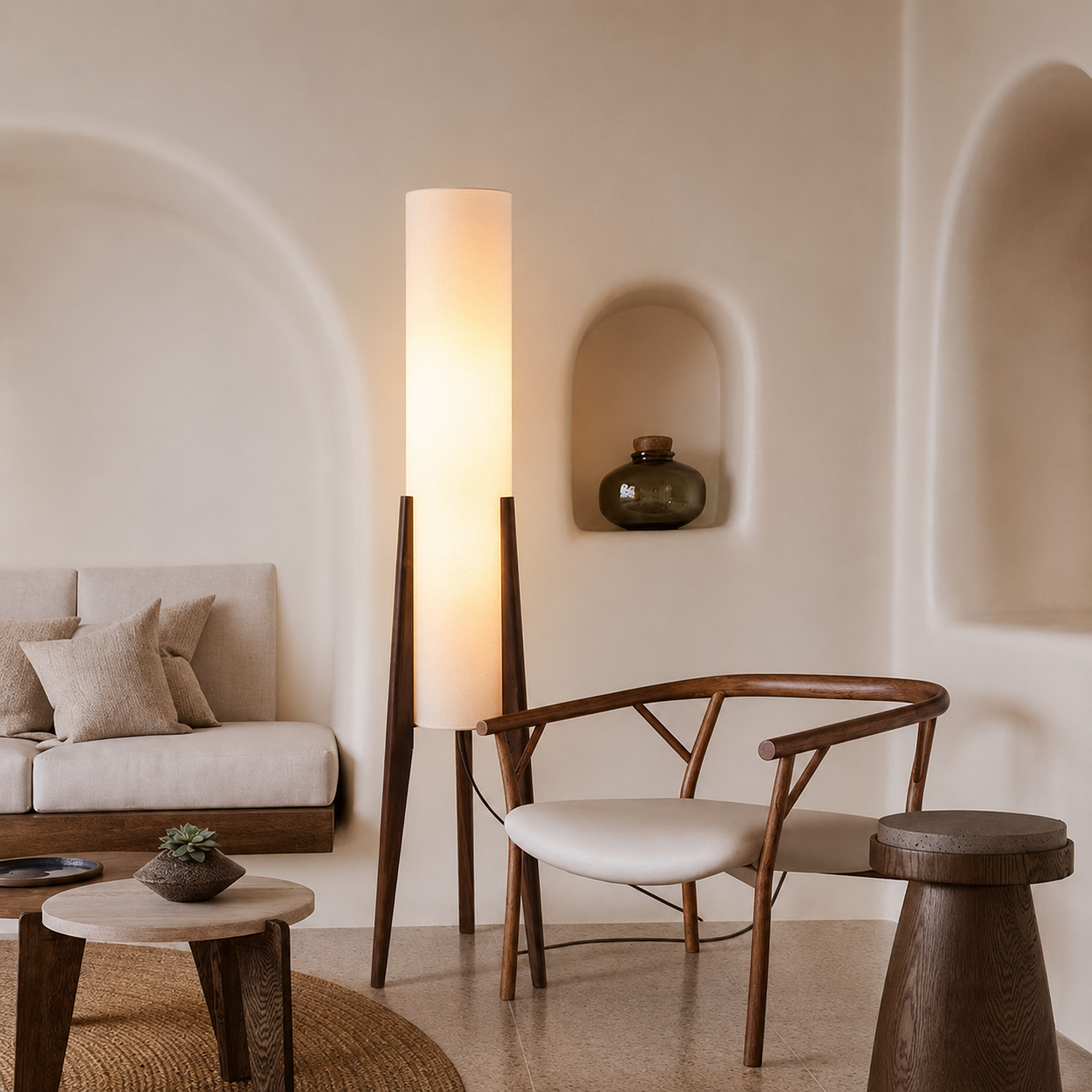 Three Pillar Wood Floor Lamp